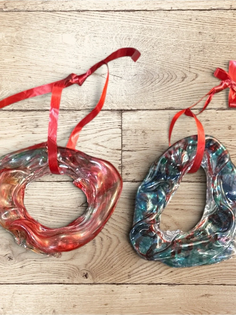 Vintage Melted Plastic Wreath Christmas Ornaments Set 2 Retro Suncatcher